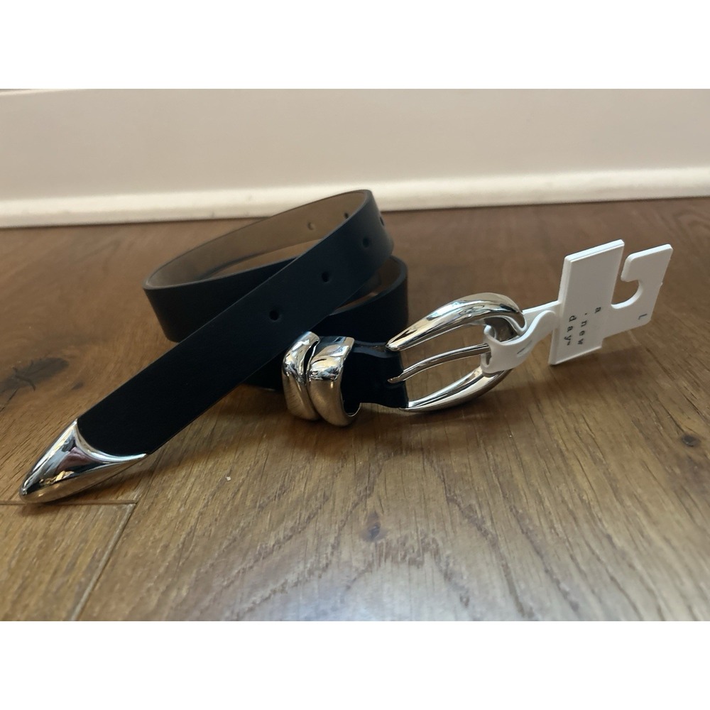 A New Day Black Women's Organic Silver Buckle Belt LARGE Thin New